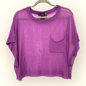 Vertigo delicate pullover vest, oversized lagenlook, purple, sheer knit, M